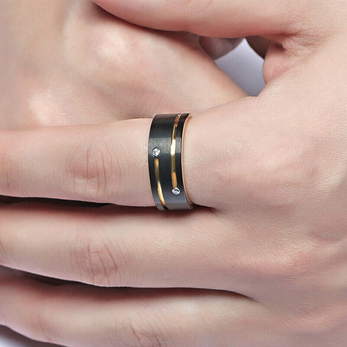 Men's 8mm Tungsten Black Gold Groove Line CZ Comfort-Fit Wedding Band